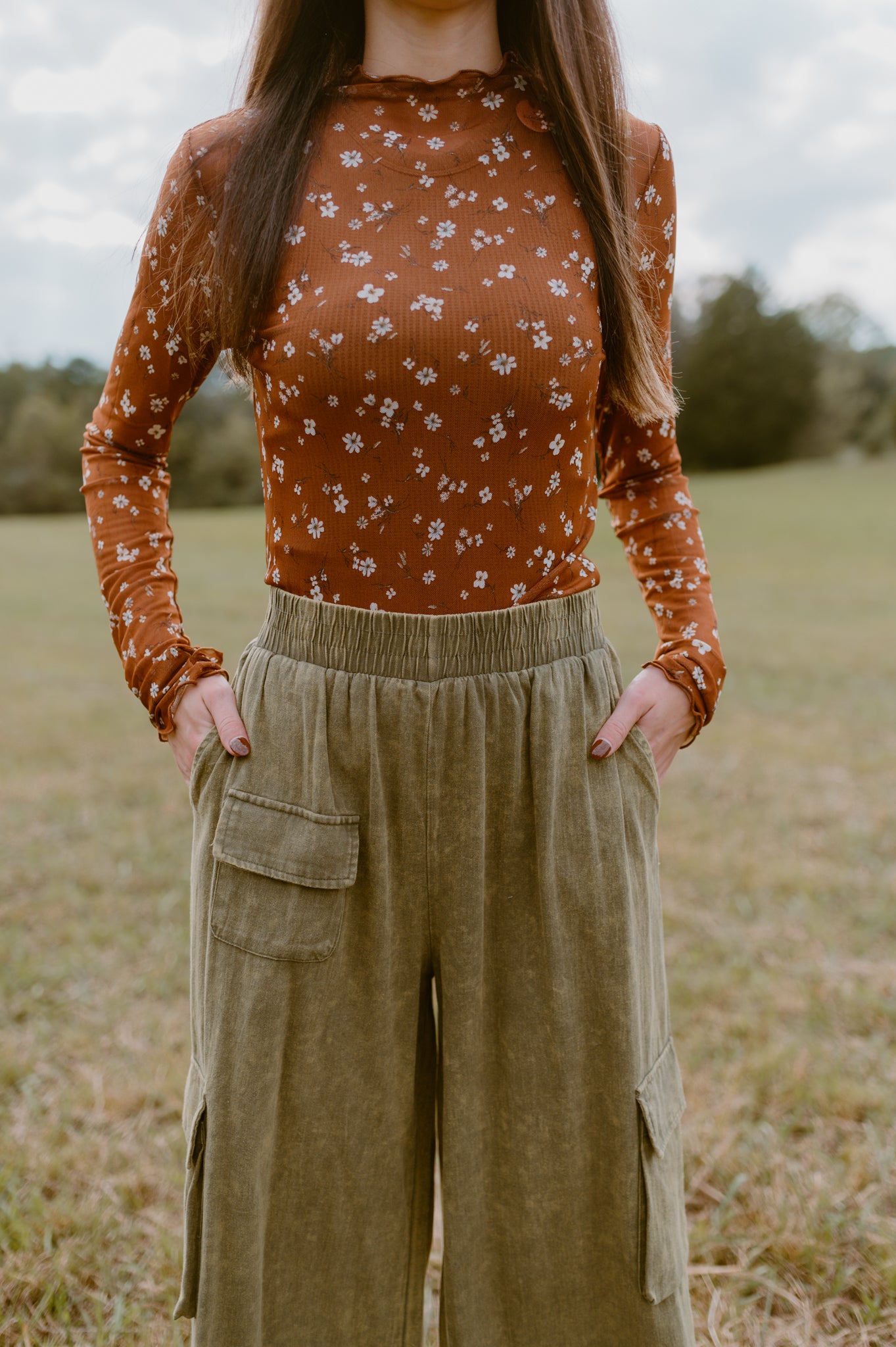 Brown Floral Lace Long Sleeve Top