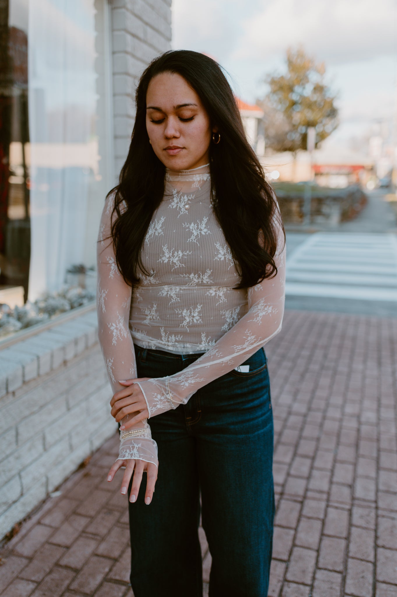 Mesh Lace High Neck Long Sleeve Lace | Cream