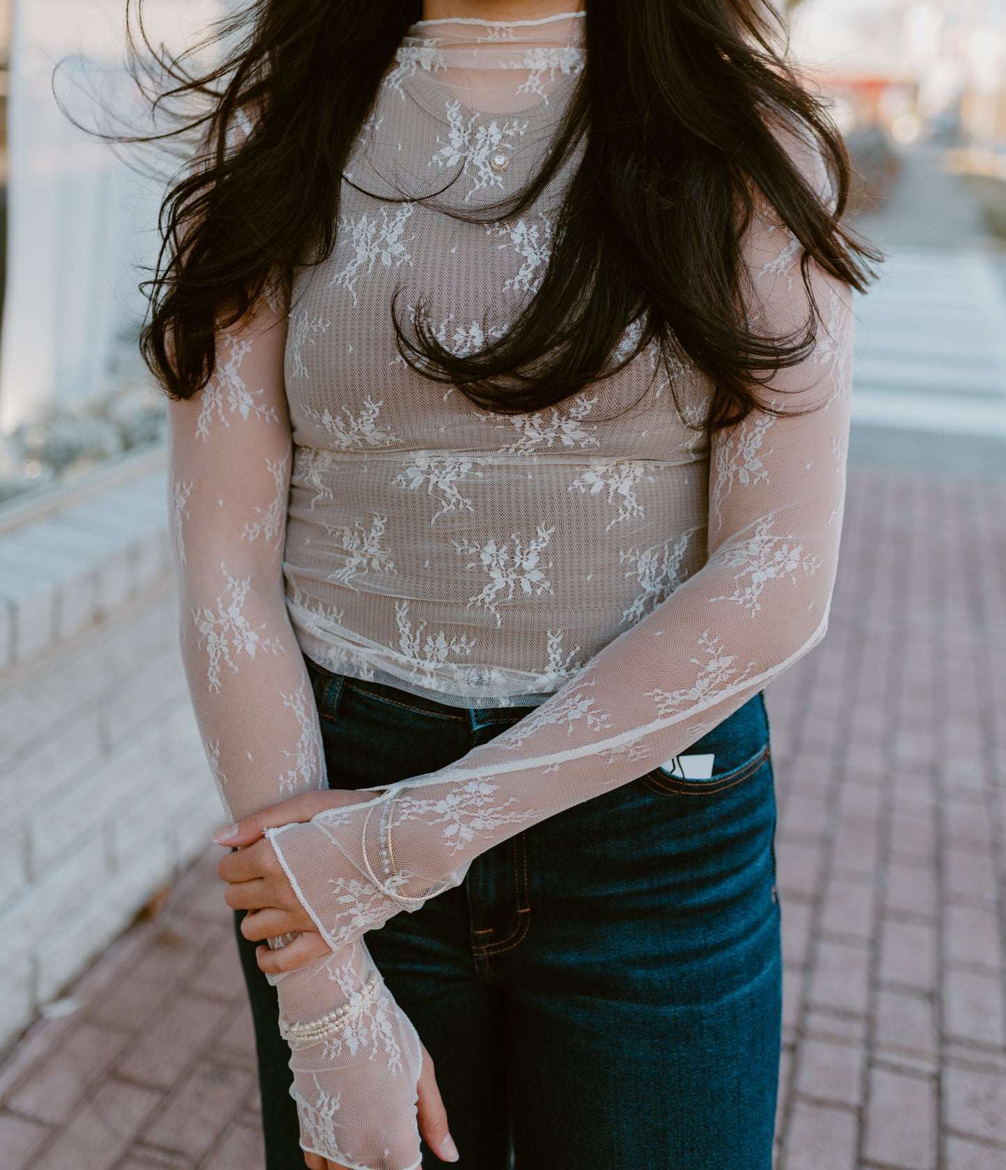 Mesh Lace High Neck Long Sleeve Lace | Cream