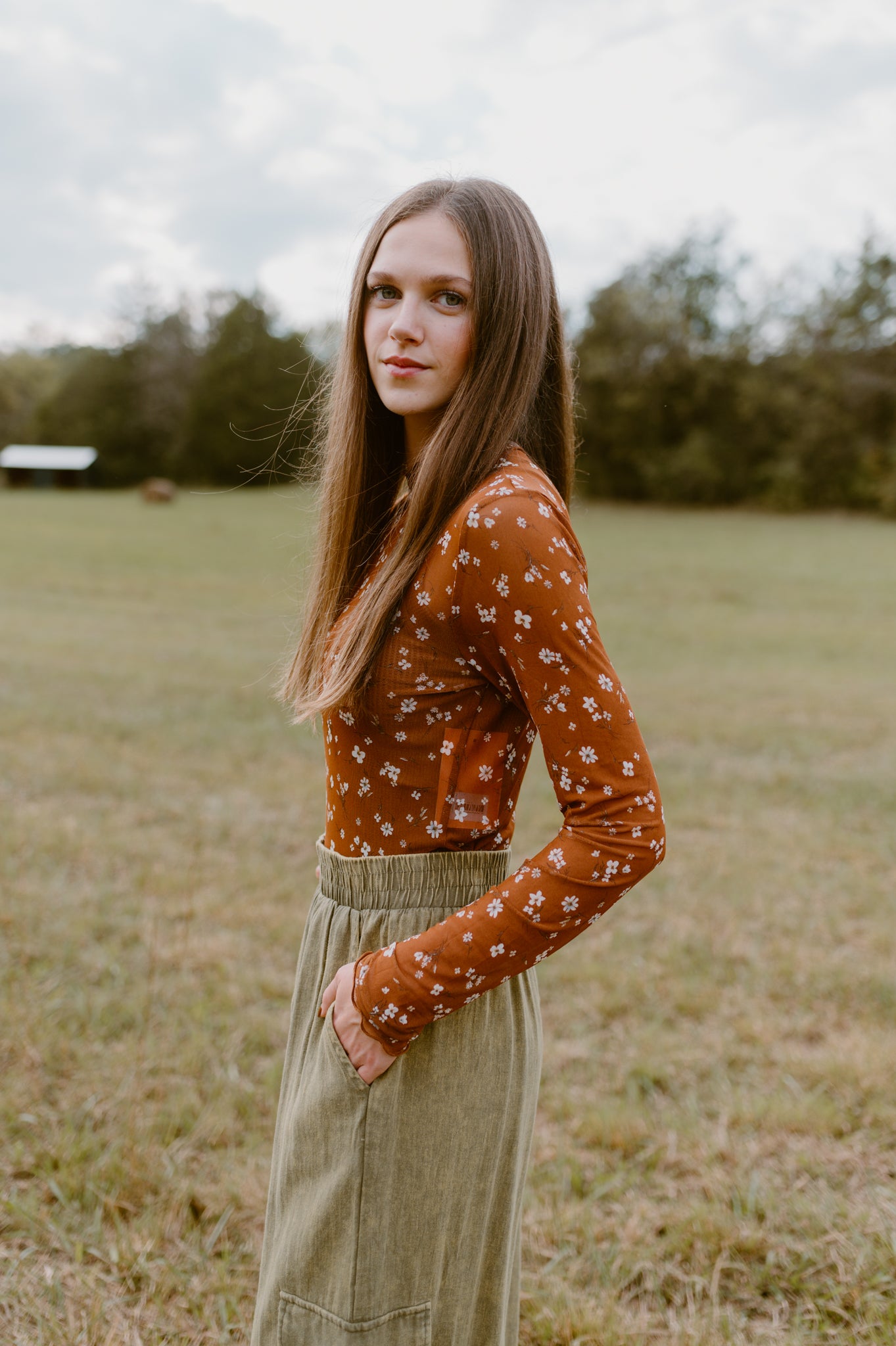 Brown Floral Lace Long Sleeve Top