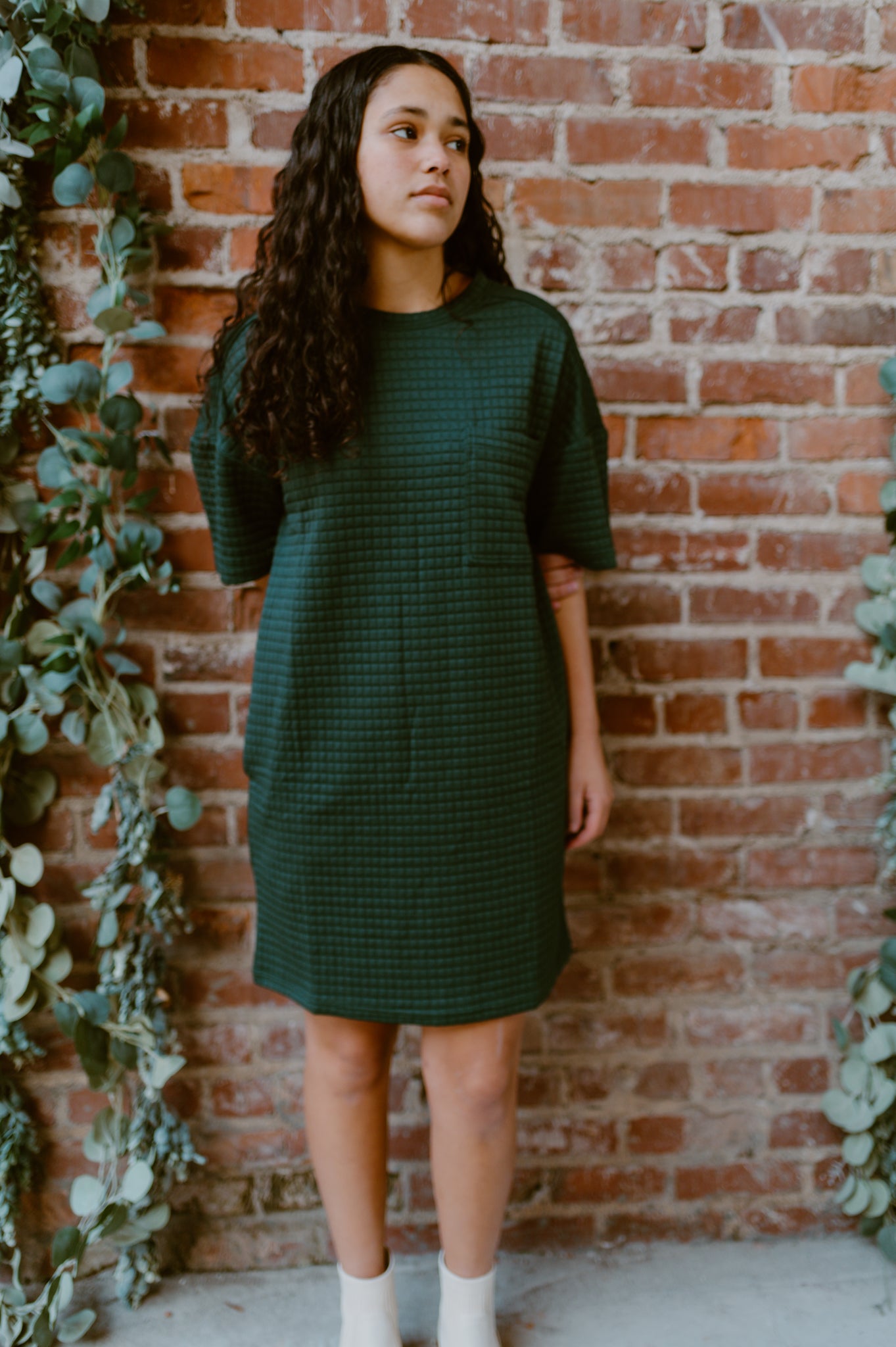 Oversized Quilted Basic Shift Mini Dress | Forest