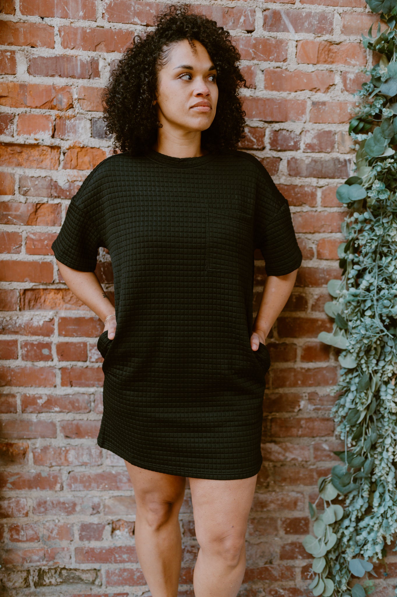 Oversized Quilted Basic Shift Mini Dress | Black