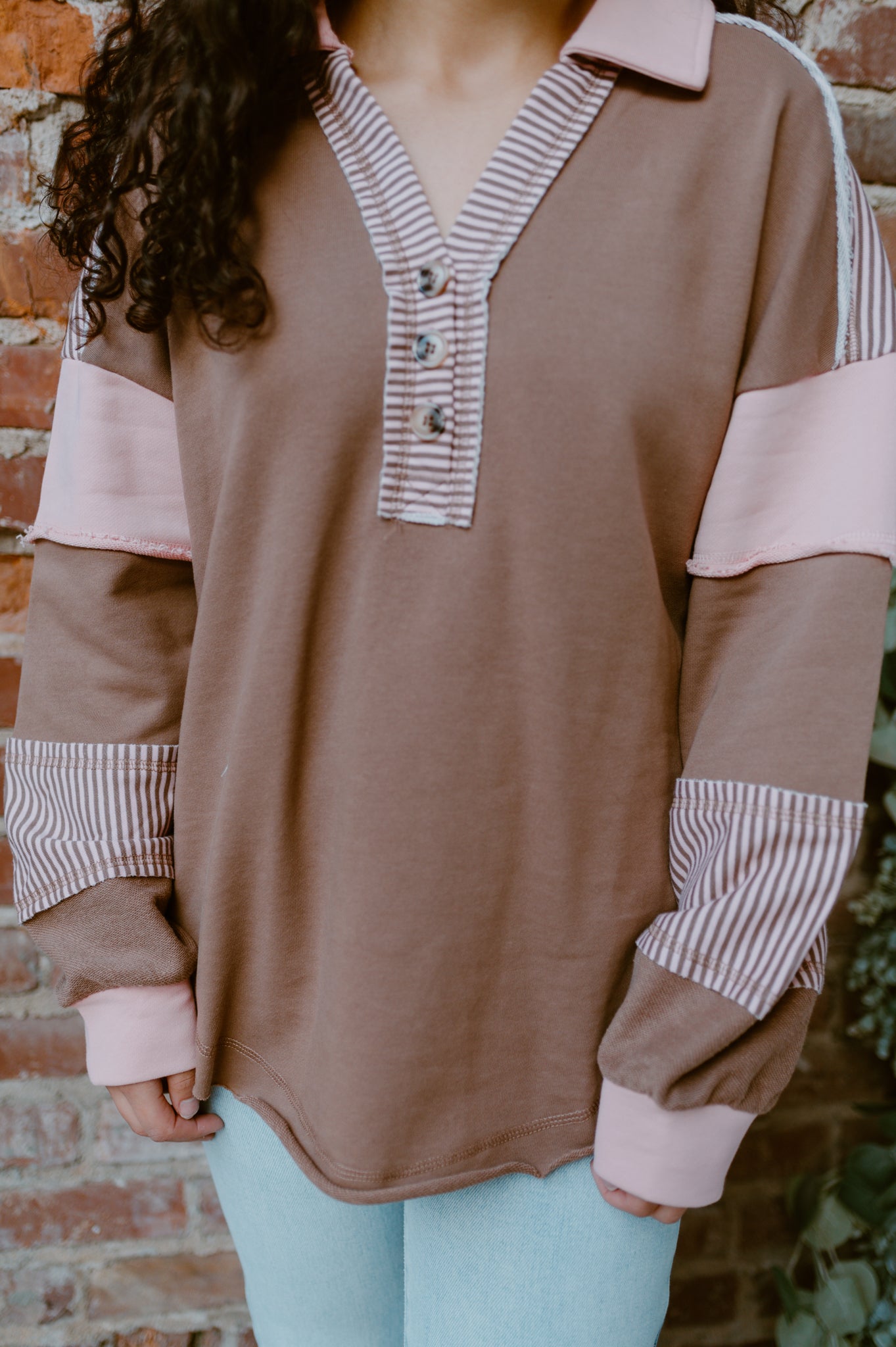 Colorblock Oversized Casual Knit Top | Mocha