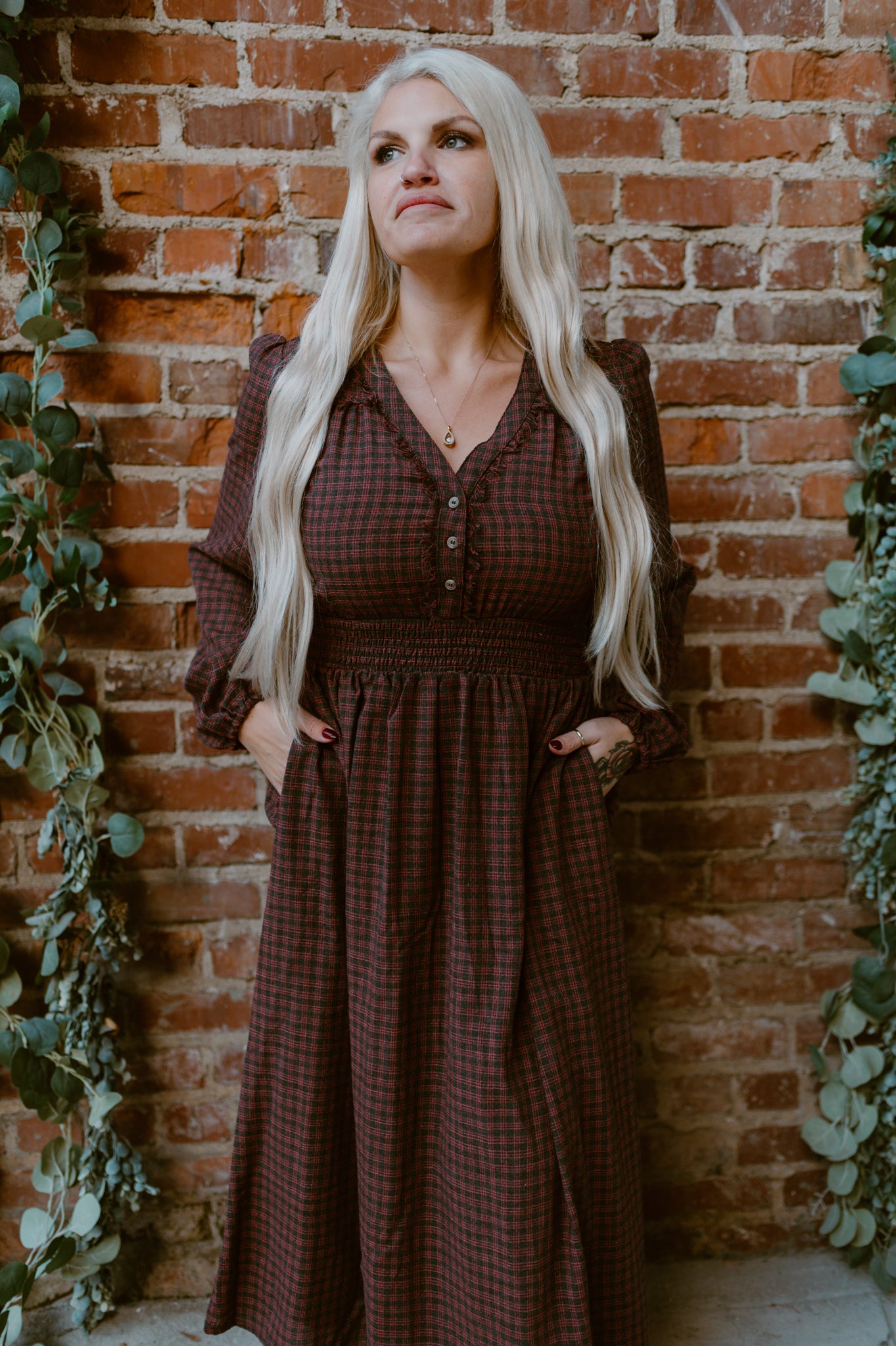 V-Neck Smocking Long Sleeve Plaid Midi Dress | Red