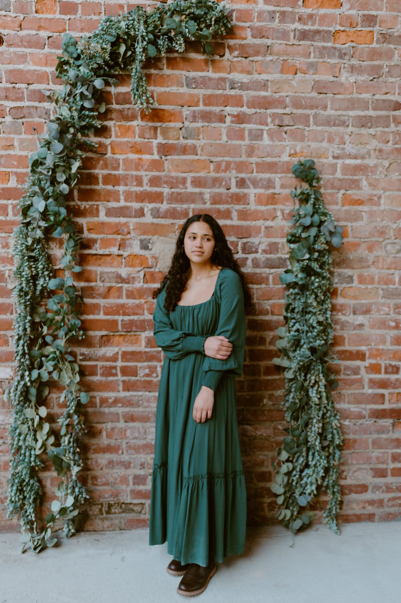 Gathered Long Sleeve Maxi Dress | Deep Forest Green