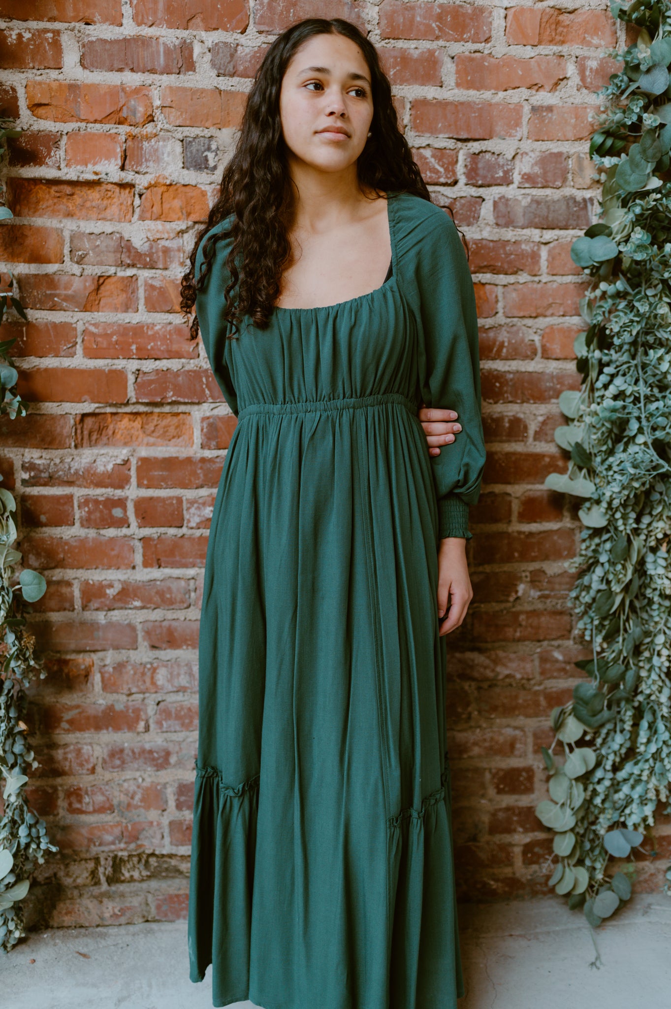 Gathered Long Sleeve Maxi Dress | Deep Forest Green