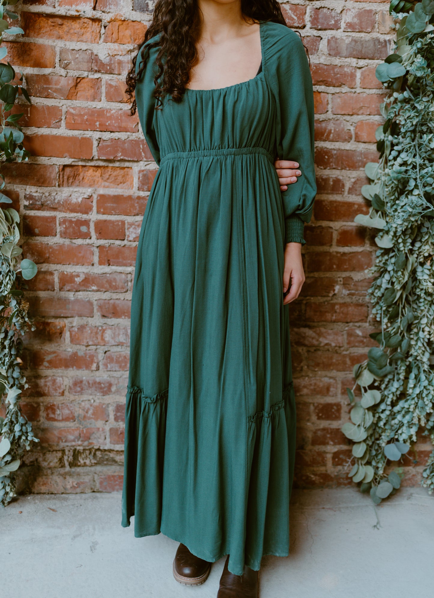 Gathered Long Sleeve Maxi Dress | Deep Forest Green