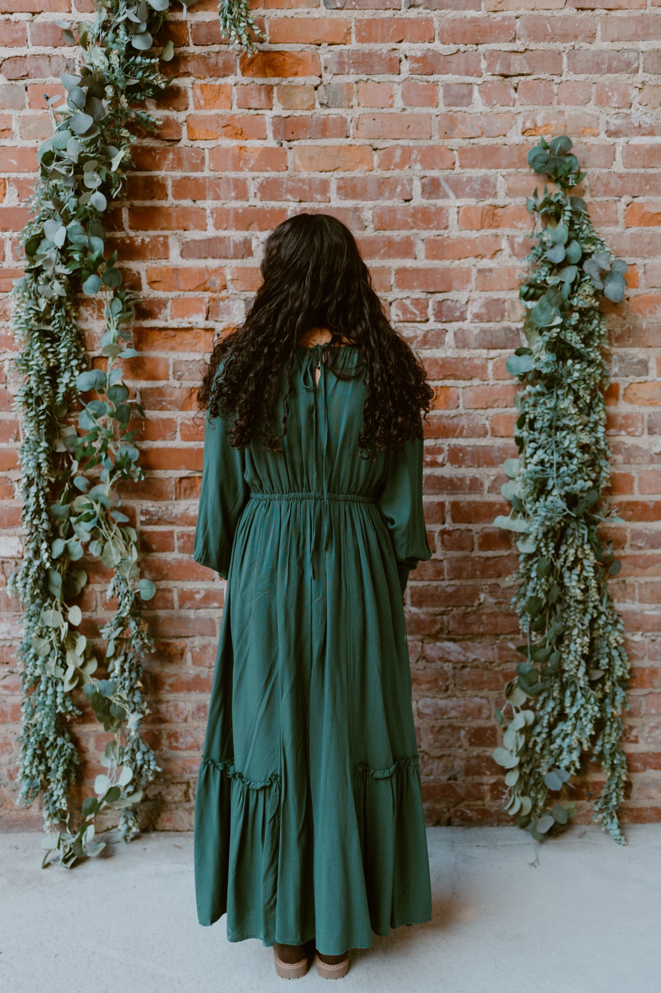 Gathered Long Sleeve Maxi Dress | Deep Forest Green