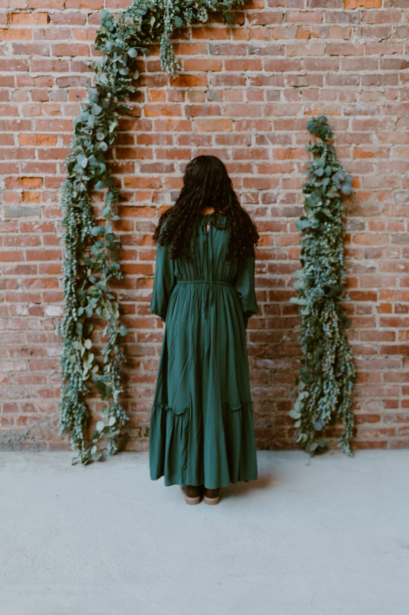 Gathered Long Sleeve Maxi Dress | Deep Forest Green