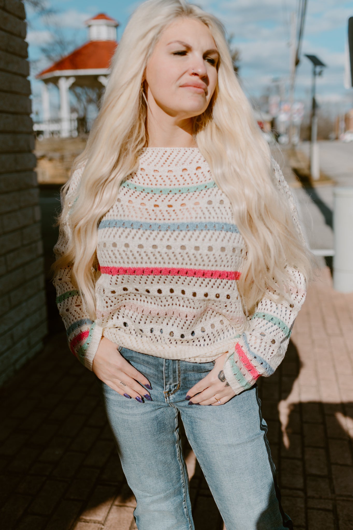 Color Striped Open Knit Sweater