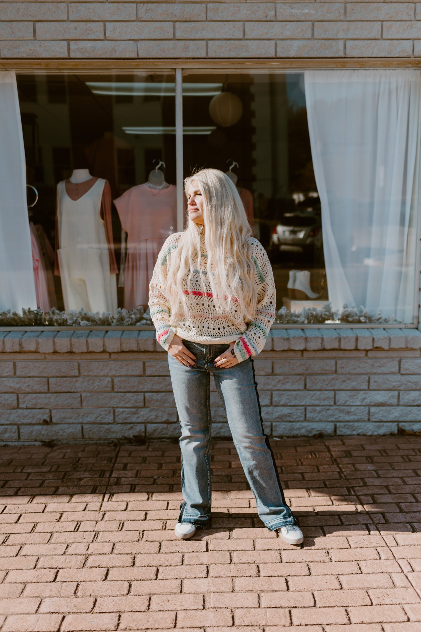 Color Striped Open Knit Sweater