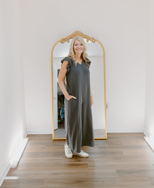 The Venetian Ruffle Sleeve Jumpsuit | Charcoal