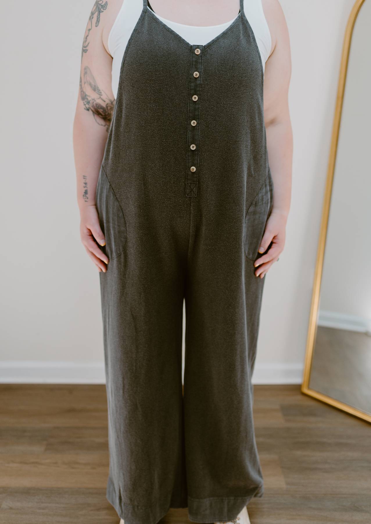 The Easy Street Washed Thermal Wide Leg Jumpsuit | Washed Black