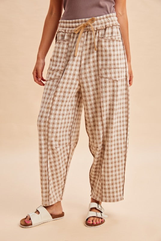 Sunday Market Check Barrel Pants | Latte
