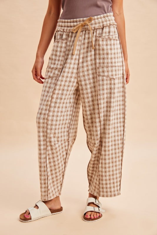 Sunday Market Check Barrel Pants | Latte