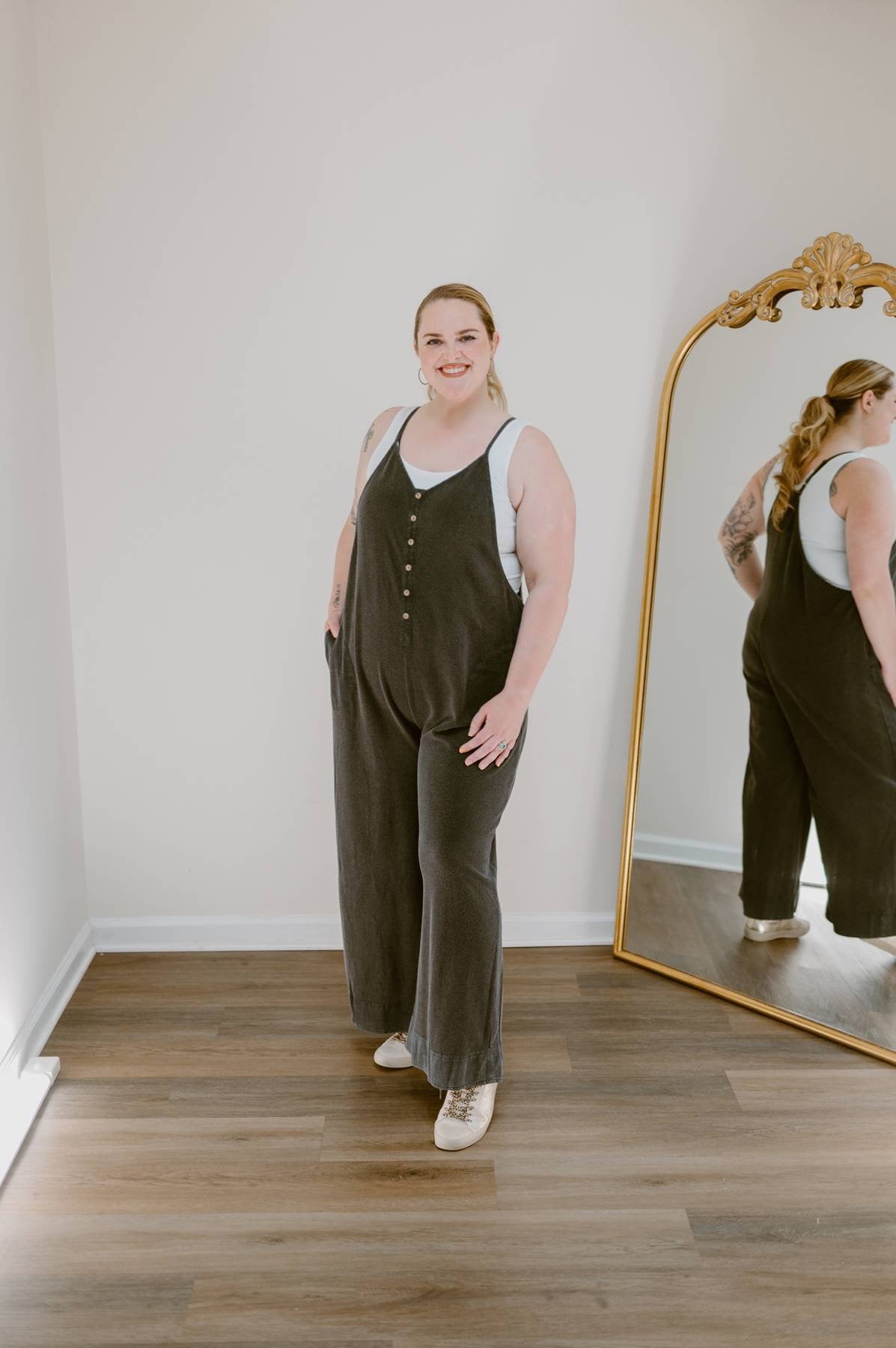 The Easy Street Washed Thermal Wide Leg Jumpsuit | Washed Black