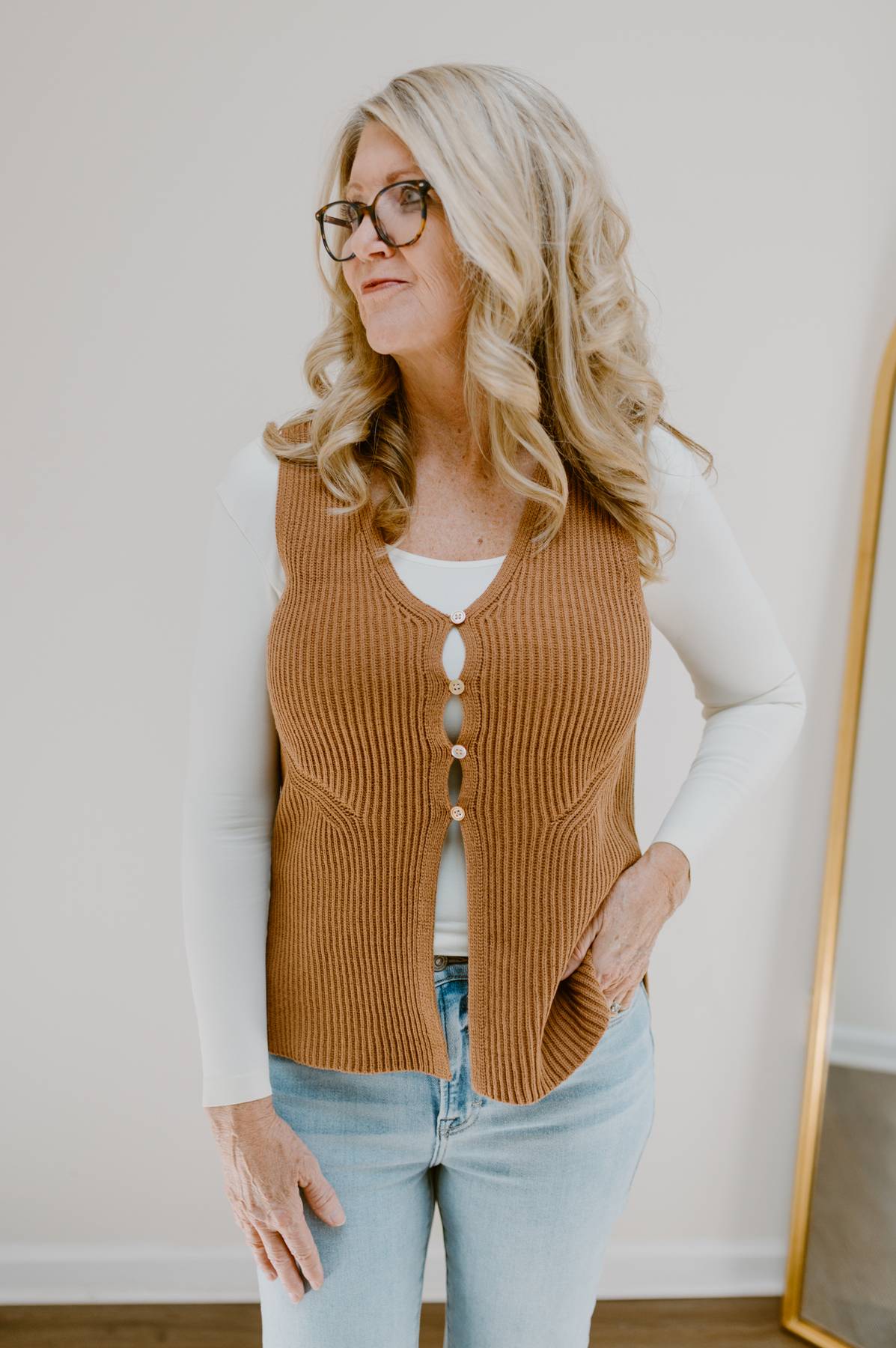 The Fall Edit Button Front Sweater Vest | Deep Camel