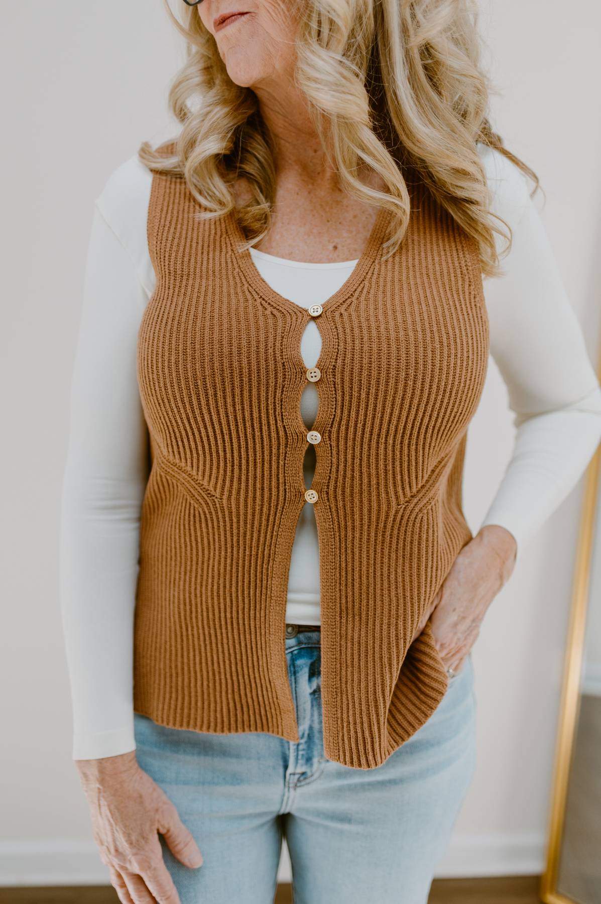 The Fall Edit Button Front Sweater Vest | Deep Camel