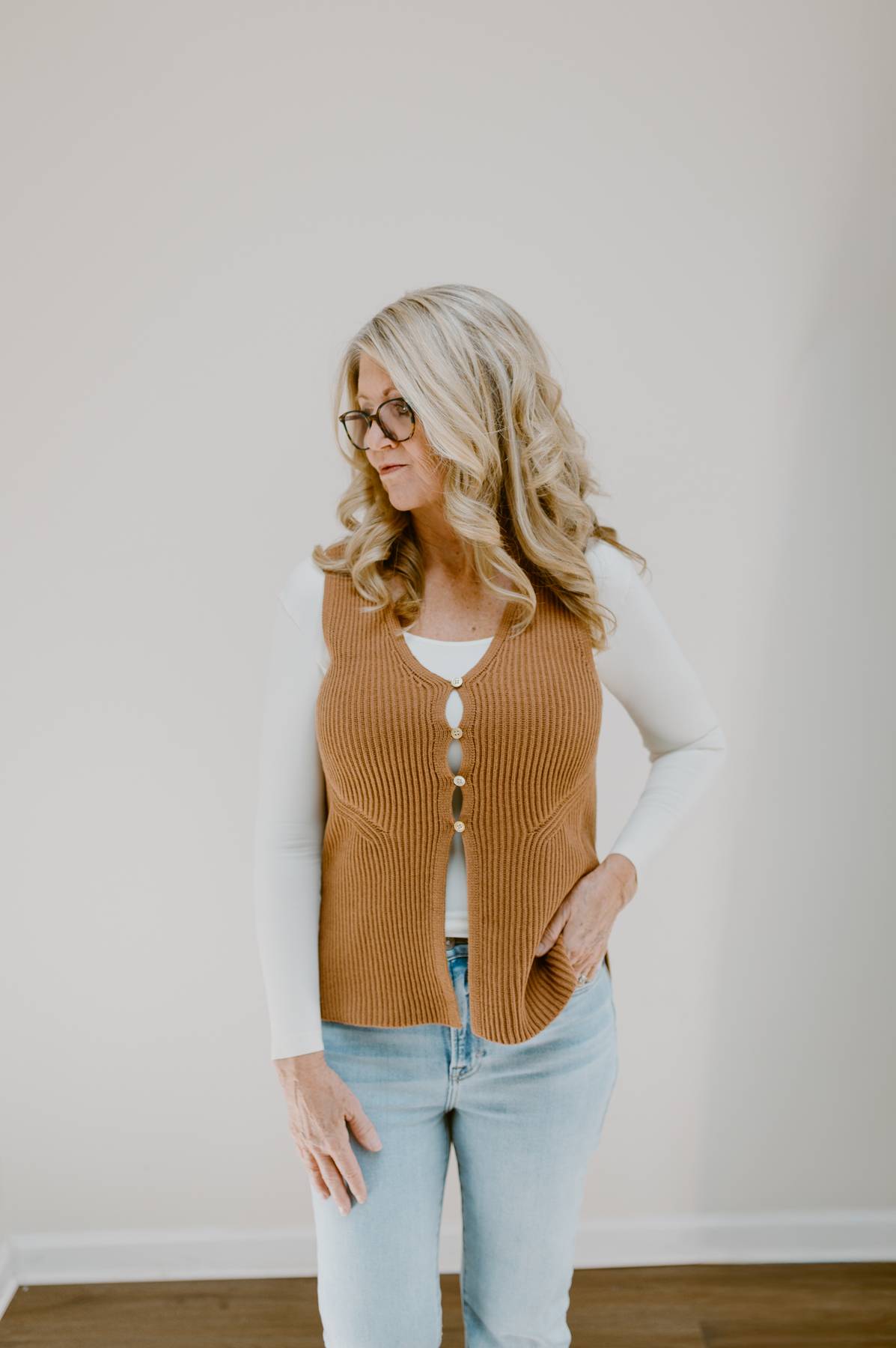 The Fall Edit Button Front Sweater Vest | Deep Camel