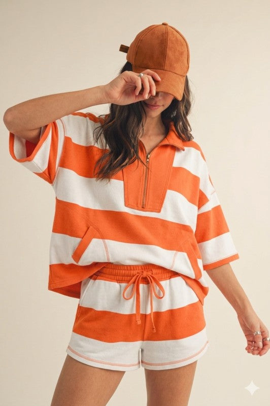 Rival Weekend Stripe Quarter Zip Set | Orange/White