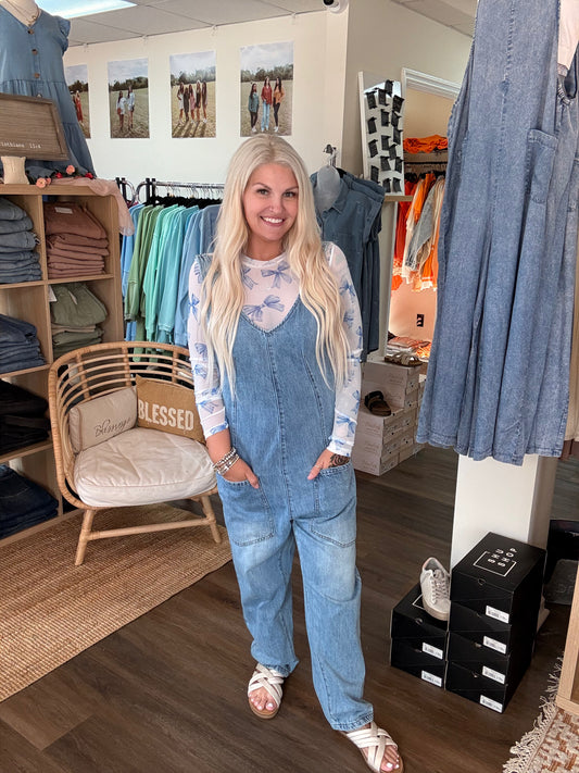 Light Wash Denim Jumpsuit with Harem Pants