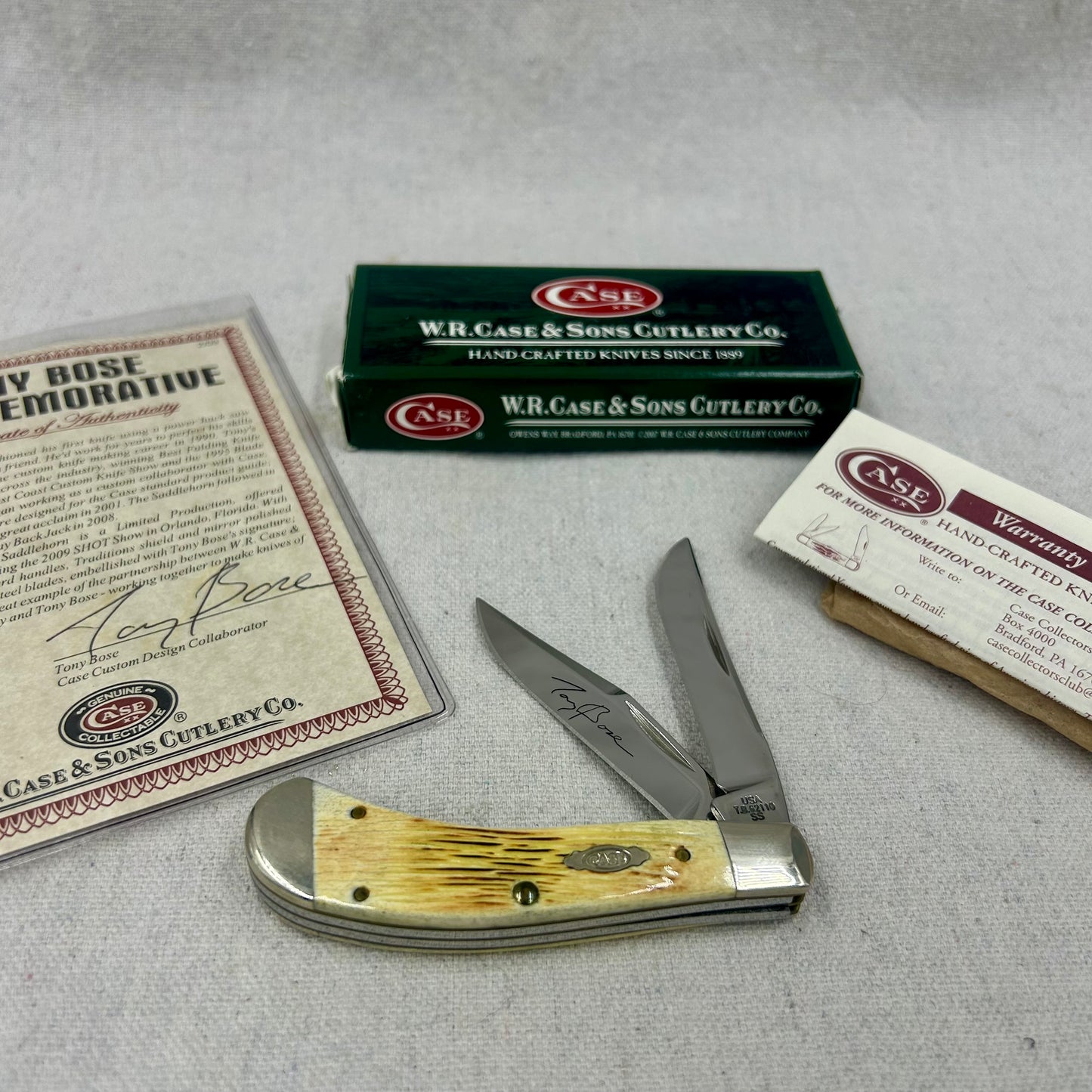 Case XX Saddlehorn - 2009 - Tony Bose signature on blade - Burnt White Bone Handles - w COA