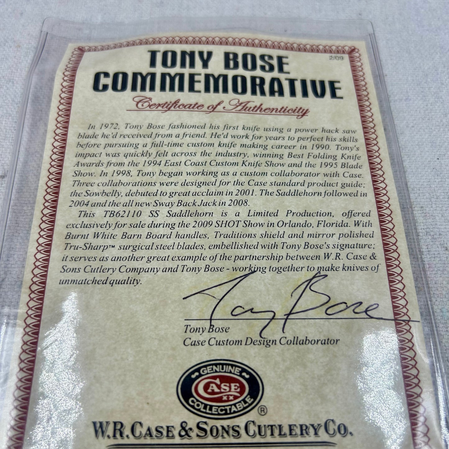Case XX Saddlehorn - 2009 - Tony Bose signature on blade - Burnt White Bone Handles - w COA