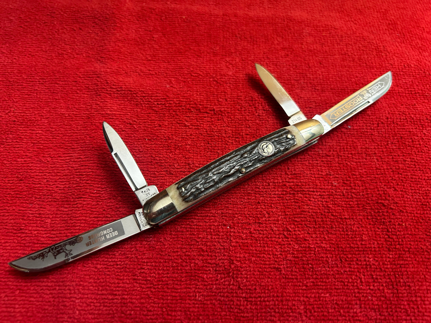 1994 Hen & Rooster Congress Knife - 4 Blade - Deer Hunter - Stag Handle - MINT